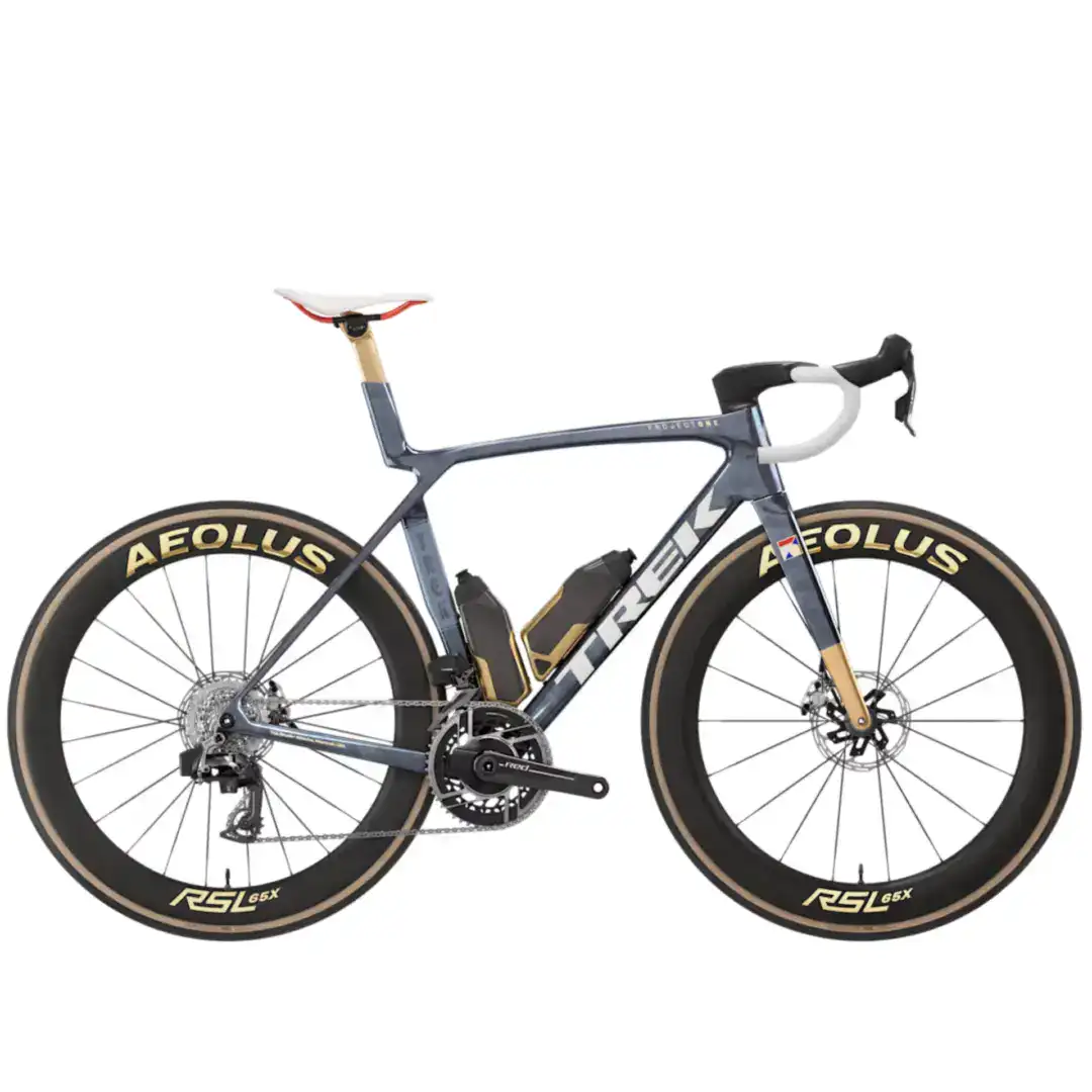 Partial view of a blue aero road bike with drop handlebars, white saddle, and deep-section wheels labeled Aeolus, showing disc brakes and drivetrain.